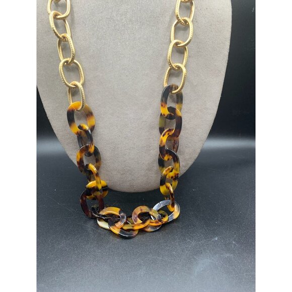 Faux Tortoise Plastic & Textured Metal Chain Necklace Chunky Gold Tone Statement - Picture 3 of 6
